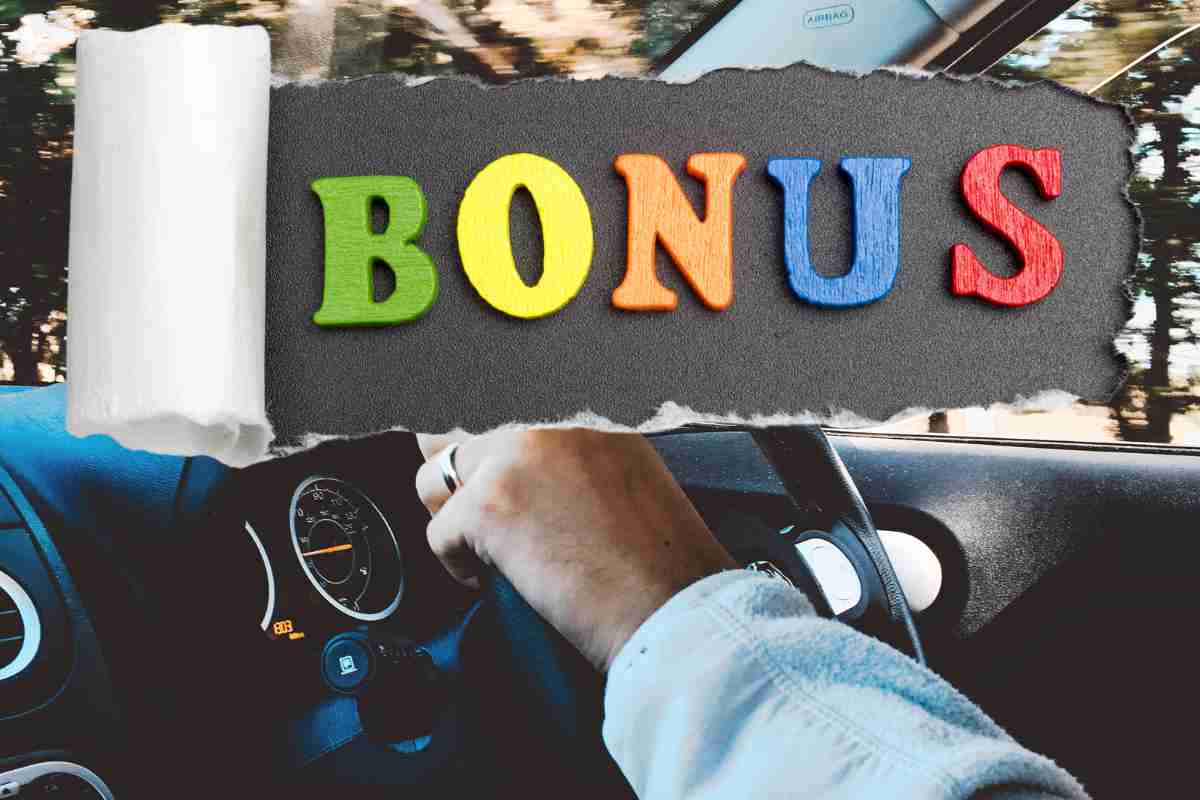 uomo alla guida e la scritta bonus