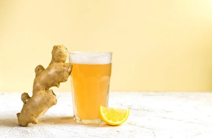 bicchiere di Ginger Beer con vicino zenzero e limone