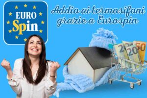 logo eurospin donna felice casetta con sciarpa e cappello carrello con soldi scritta