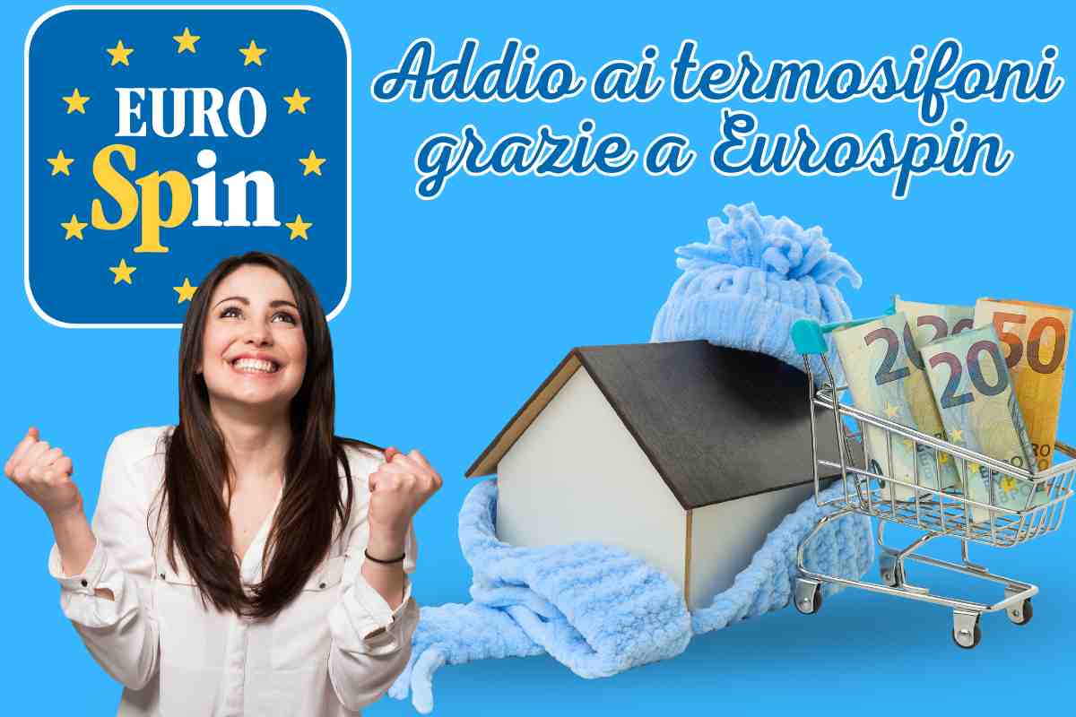 logo eurospin donna felice casetta con sciarpa e cappello carrello con soldi scritta