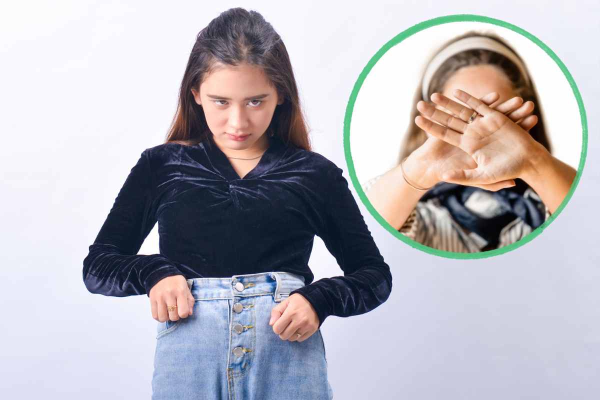 ragazza con jeans a vita alta e nel cerchio un'altra incrocia le braccia per dire no