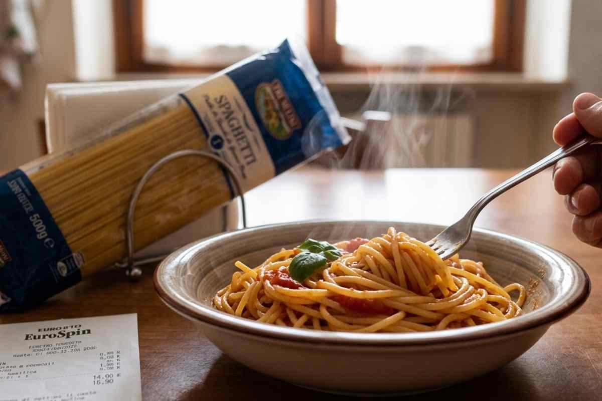 piatto di spaghetti e dietro un pacco di pasta tre mulini