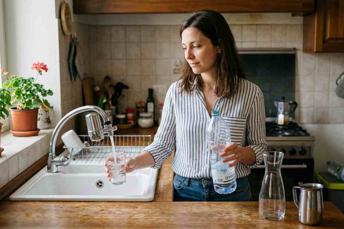 donna con bottiglia in mano preferisce riempire il bicchiere dal rubinetto