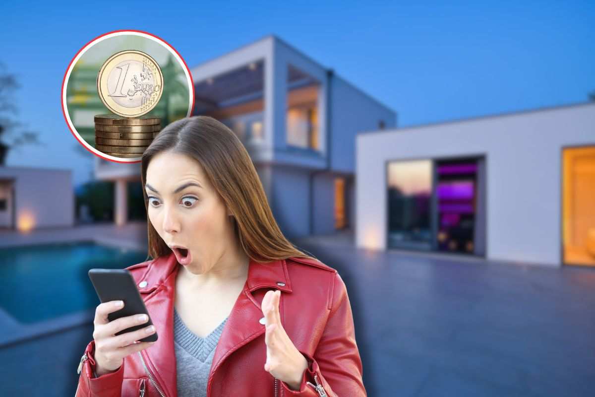 casa lussuosa sullo sfondo, un euro in icona rossa e donna sorpresa