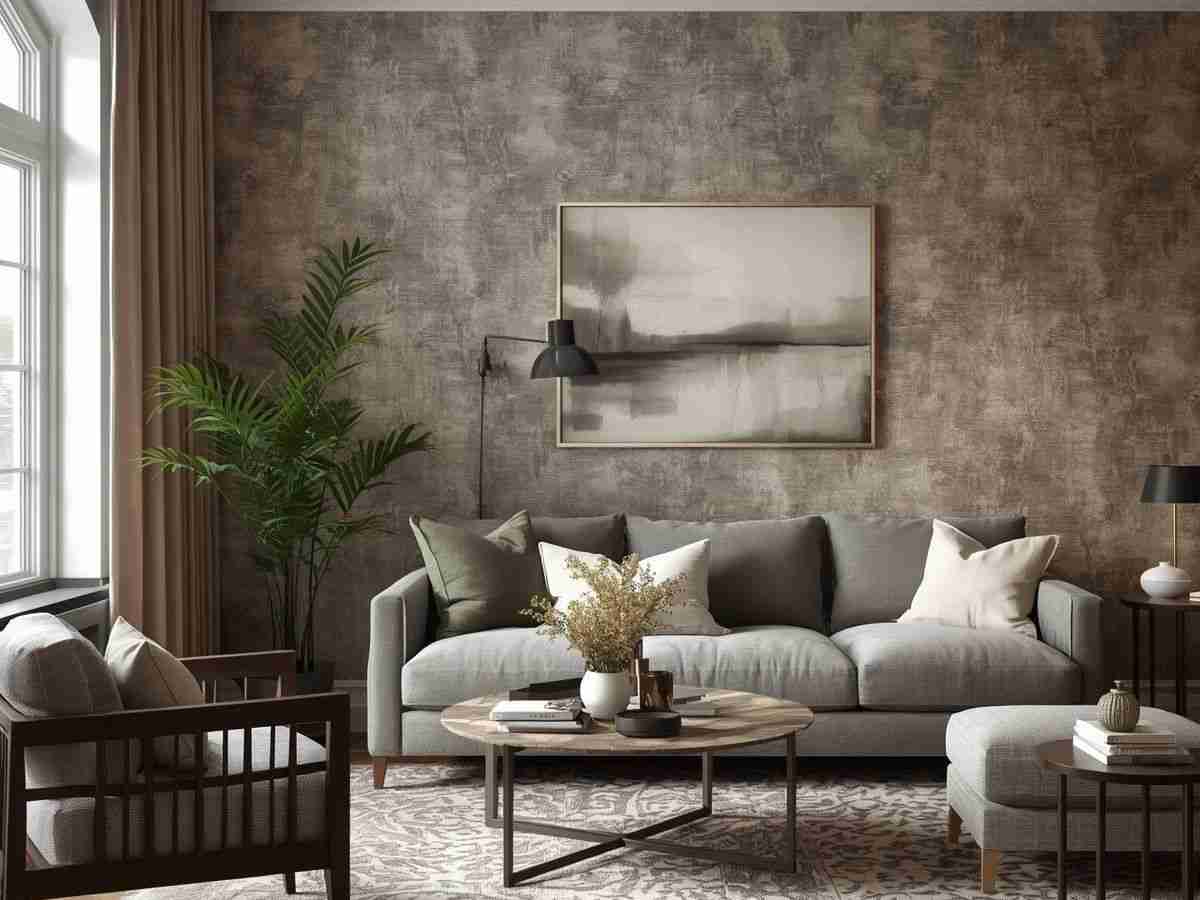 salotto con carta parati tridimensionale