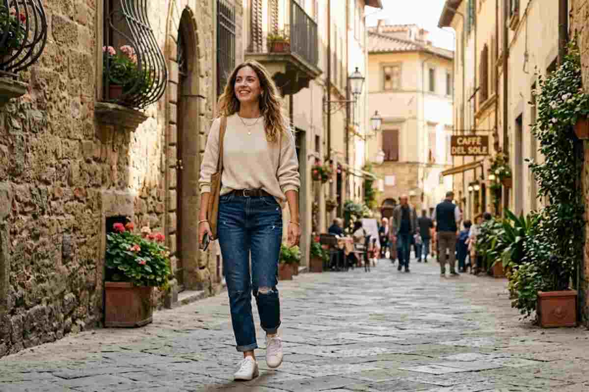 ragazza in jeans passeggia
